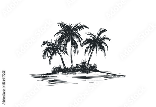 Tropical island with palm trees and calm waters. Vector retro hand drawn illustration