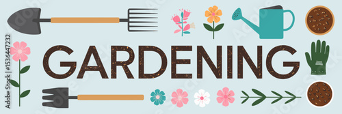 Gardening tools and flowers surrounding gardening text on light blue background