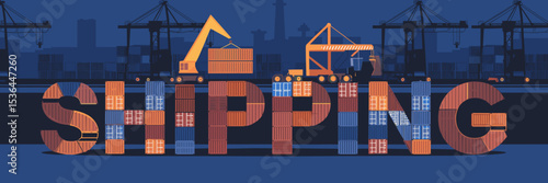 “Shipping” typography illustration with cargo containers, cranes, and trucks at port