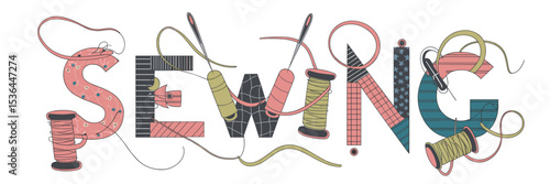 Fun sewing text with pierced thread and fabric patterns on white background – Suitable for crafting communities, sewing classes, or textile DIY content