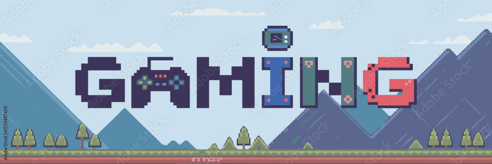 Obraz premium Pixel art gaming typography with controller, console, screen, and character – Great for retro game branding, streaming graphics, or youth entertainment designs