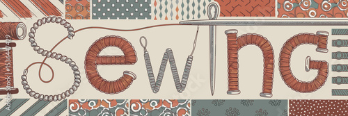 Vintage sewing illustration with thread forming letters and fabric background – Great for handmade product labels, quilting promotions, or nostalgic craft content