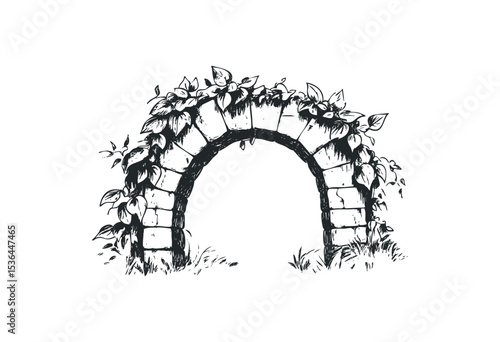 Stone arch with vines and foliage. Vector retro hand drawn illustration