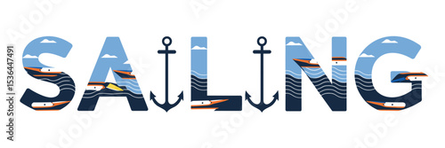 Sailing letters made of boats, waves, and anchors – Great for beachwear ads, marine brands, or adventure promotions