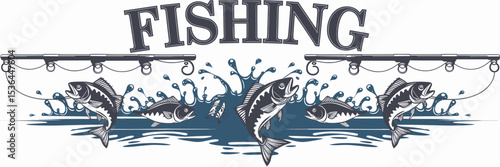 Fishing design with rods, fish, and hooks in nautical themed illustration