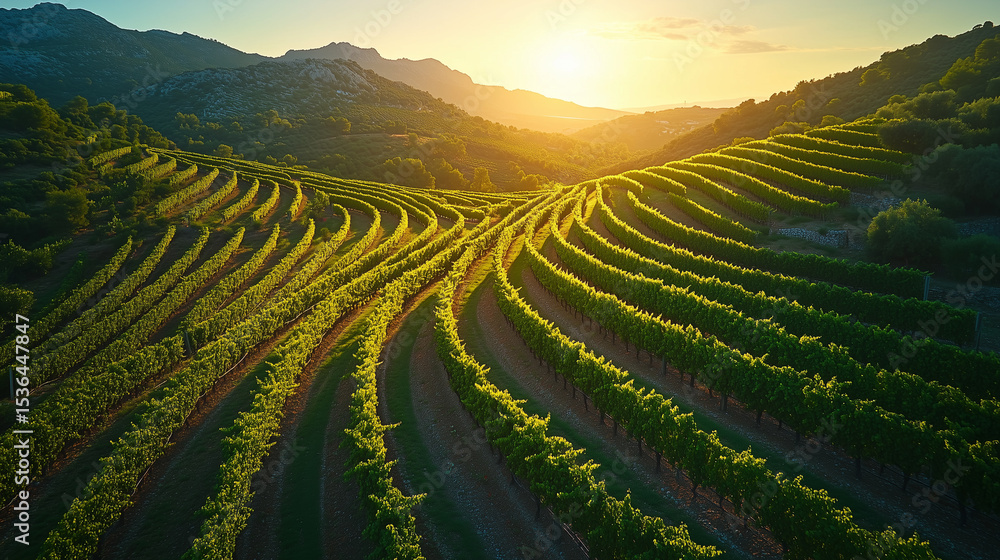 Fototapeta premium The golden light of the setting sun gently illuminates the terraced vineyards that curve like waves across the rolling landscape.