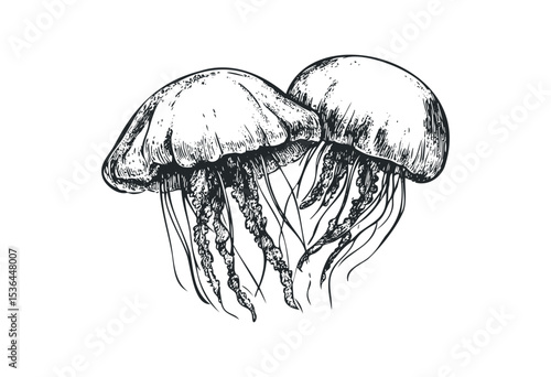 Detailed ink illustration of two jellyfish with flowing tentacles. Vector retro hand drawn illustration