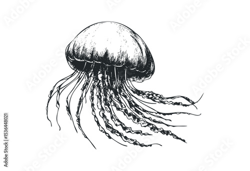 Intricate jellyfish drawing with long tentacles in black and white. Vector retro hand drawn illustration