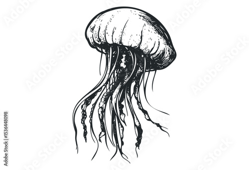 Detailed illustration of a jellyfish with flowing tentacles. Vector retro hand drawn illustration