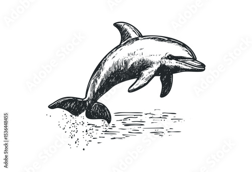 Illustrative sketch of a dolphin leaping from the water. Vector retro hand drawn illustration