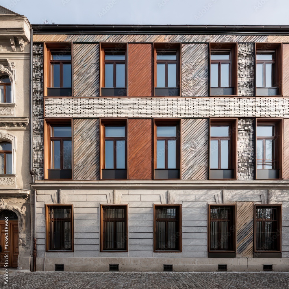 Fototapeta premium Facade renovation blending contemporary materials with historic design elements for a balanced look.