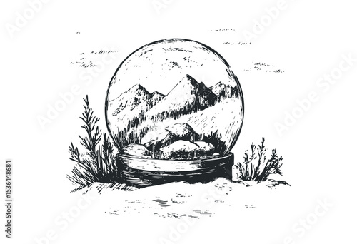 Hand-drawn snow globe with mountain scenery and trees inside. Vector retro hand drawn illustration