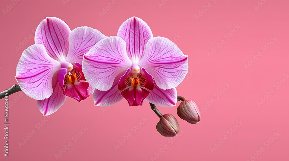 Obraz premium Pink and white orchid is displayed on a pink background. Concept of elegance and beauty, as the delicate flower stands out against the vibrant pink backdrop