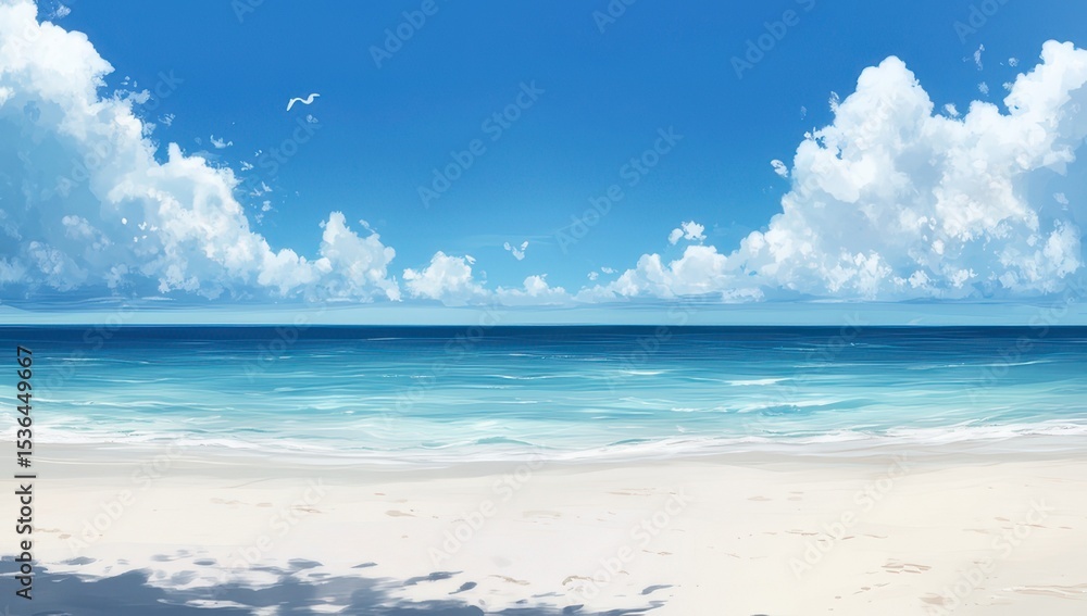 Obraz premium Beach scene, vibrant blue sky, fluffy clouds