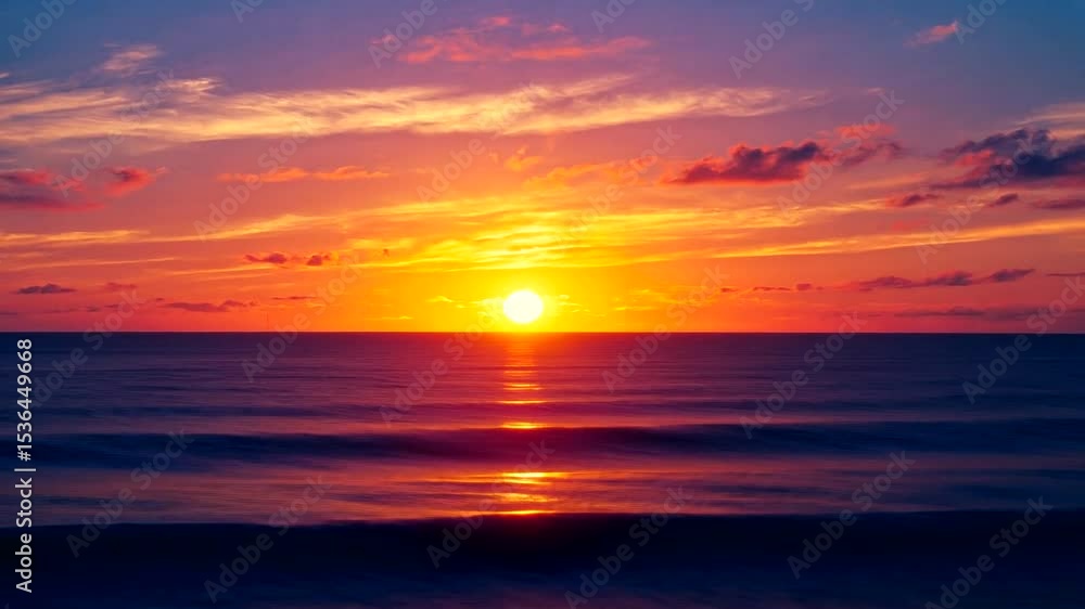 Vibrant sunset over calm ocean waters, with colorful clouds reflecting on the horizon Vibrant sunset over calm ocean waters, with colorful clouds reflecting on the horizon