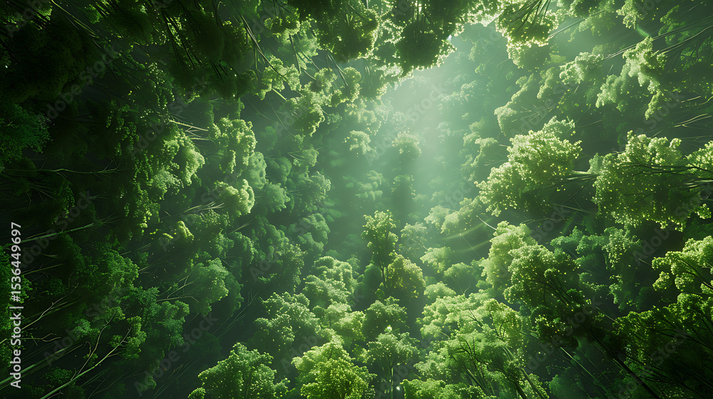 Fototapeta premium Serene Sunlit Forest Paths: Morning Light Filtering Through Lush Canopies
