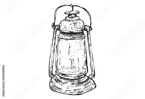 Vintage hand-drawn kerosene lamp illustration in classic style. Vector retro hand drawn illustration