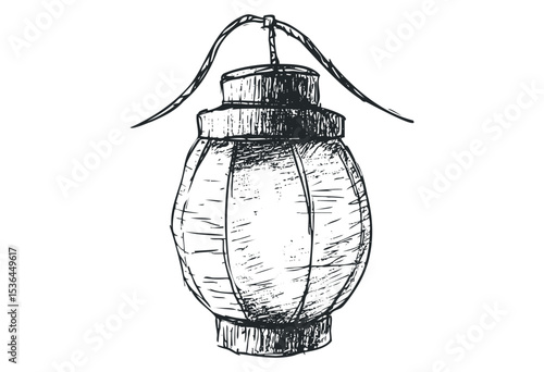 Hand-drawn chinese lantern sketch with intricate details on white background. Vector retro hand drawn illustration