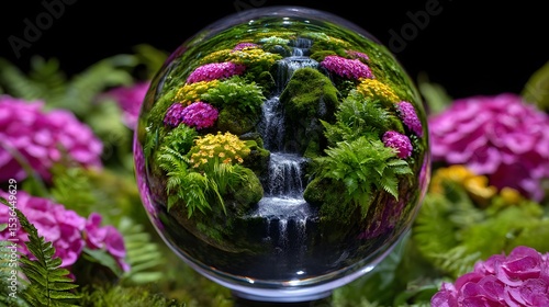 A lush, self-contained miniature garden thriving within a transparent glass sphere, creating a tranquil and enchanting microcosm of nature.