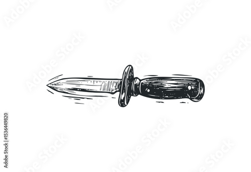Vintage engraved dagger with wooden handle and ornate detailing. Vector retro hand drawn illustration