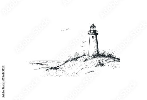 Sketch of coastal lighthouse with seagulls flying over dunes. Vector retro hand drawn illustration