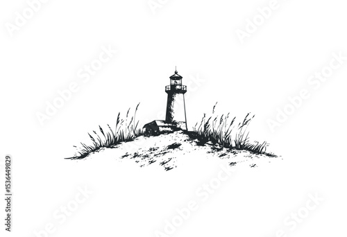 Illustrative lighthouse on a grassy hill: black ink drawing. Vector retro hand drawn illustration