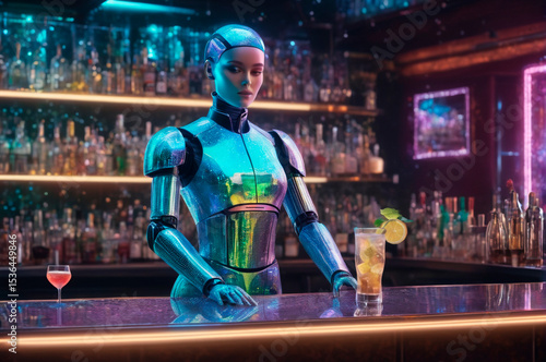 Futuristic Robot Bartender Serving Cocktails at a Bar. Generative AI.