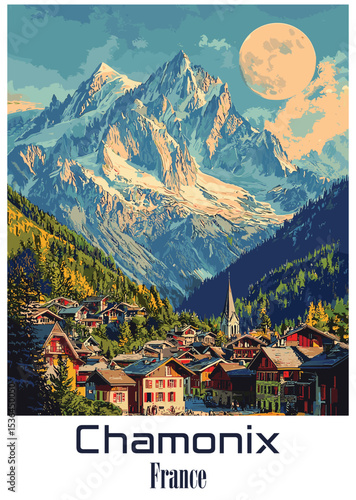 Chamonix France Vector Illustration: Alpine Scenery with Moon.