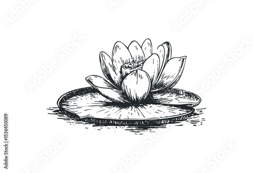 Detailed sketch of a lotus flower on a lily pad. Vector retro hand drawn illustration