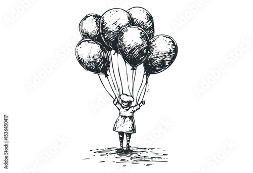 Young caucasian female child holding multiple balloons sketch. Vector retro hand drawn illustration