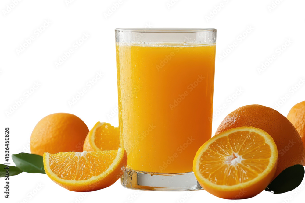 Refreshing glass of vibrant orange juice with juicy oranges promising a healthy and energetic isolated on transparent background. Generative Ai. Refreshing glass of vibrant orange juice with juicy oranges promising a healthy and energetic isolated on transparent background. Generative Ai.