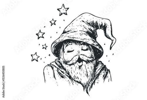 Bearded wizard illustration with pointed hat and stars. Vector retro hand drawn illustration