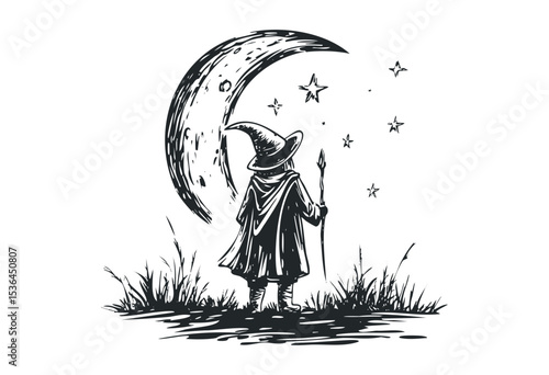 Magical young wizard with hat and staff gazing at moon and stars. Vector retro hand drawn illustration