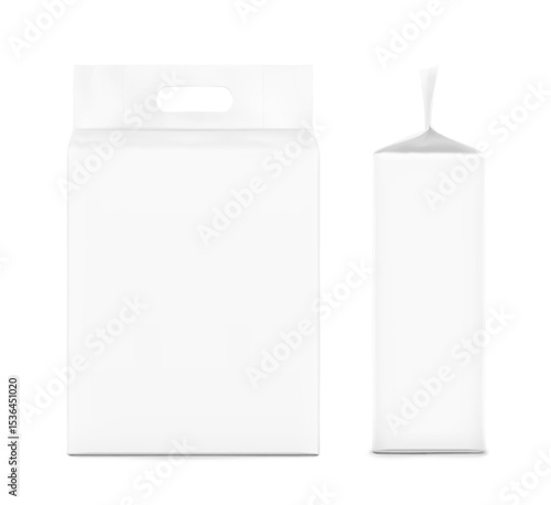 Realistic stand bag with hole handle mockup. Front and side view. Vector illustration isolated on white background. Suite for the presentation of diapers, wet wipes, pants, changing mats EPS10.