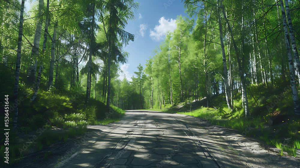 Fototapeta premium Serene Sunlit Forest Paths: Morning Light Filtering Through Lush Canopies
