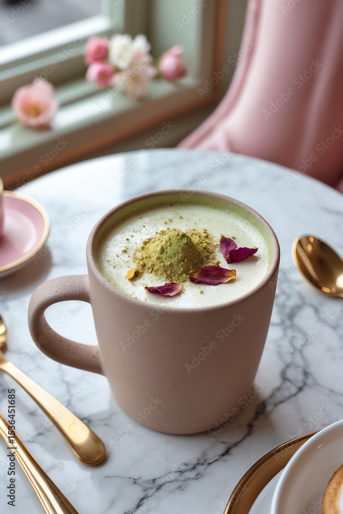Serving Fresh Matcha Latte with Rose Petals on Marble Table Serving Fresh Matcha Latte with Rose Petals on Marble Table