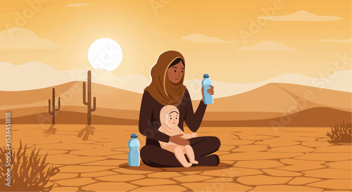 Mother holding baby and water bottle in desert landscape at sunset, Flat vector Art    