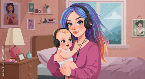 Young mother holding baby while wearing headphones in cozy bedroom, Flat vector Art    