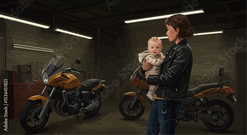 Mother holding baby in motorcycle garage with bikes in background, Flat vector Art    