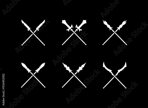 Fantasy RPG Game Logo Icon Set, dual thrust spear collection elemental weapon