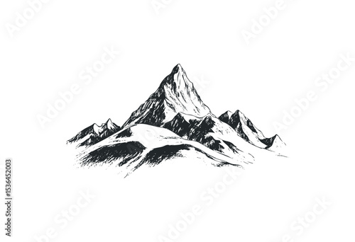 Detailed black and white mountain range illustration with majestic peaks. Vector retro hand drawn illustration