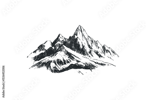 Hand-drawn mountain sketch featuring jagged peaks and rugged terrain. Vector retro hand drawn illustration