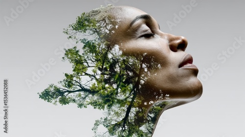 Woman's face is shown in a tree-like form, with the leaves and branches of the tree representing her features. Concept of growth and transformation, as the woman's face is transformed into a natural