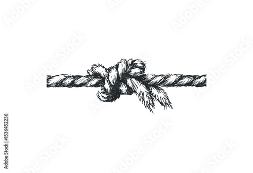 Intricately tied rope knot with frayed ends. Vector retro hand drawn illustration