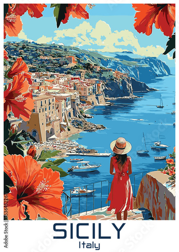 Sicily Coastline Vector Illustration With Woman