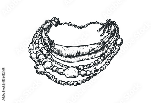 Hand-drawn image of beaded necklace with multiple strands and intricate details. Vector retro hand drawn illustration