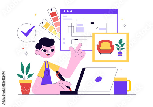 Interior Designer Vector Illustration Featuring a Professional Decorator Planning the Design of a Room, Choosing Wall Colors and Furniture Style