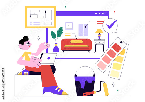 Interior Designer Vector Illustration Featuring a Professional Decorator Planning the Design of a Room, Choosing Wall Colors and Furniture Style
