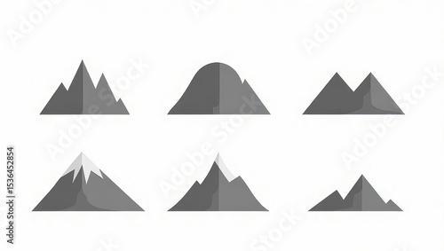 Six grayscale mountain range icons various shapes and styles mountains
