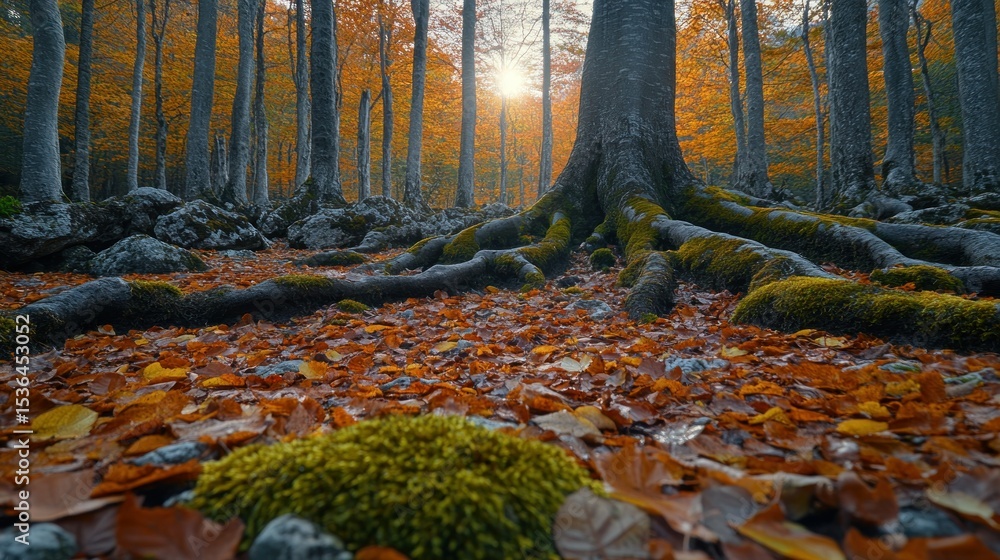 Fototapeta premium Autumn forest floor with sunlight